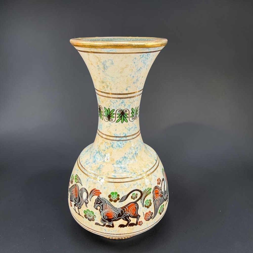 Neofitou Keramik Handmade Ceramic Vase Vessel Lion Swan‎ Greek Pottery Gold Trim
